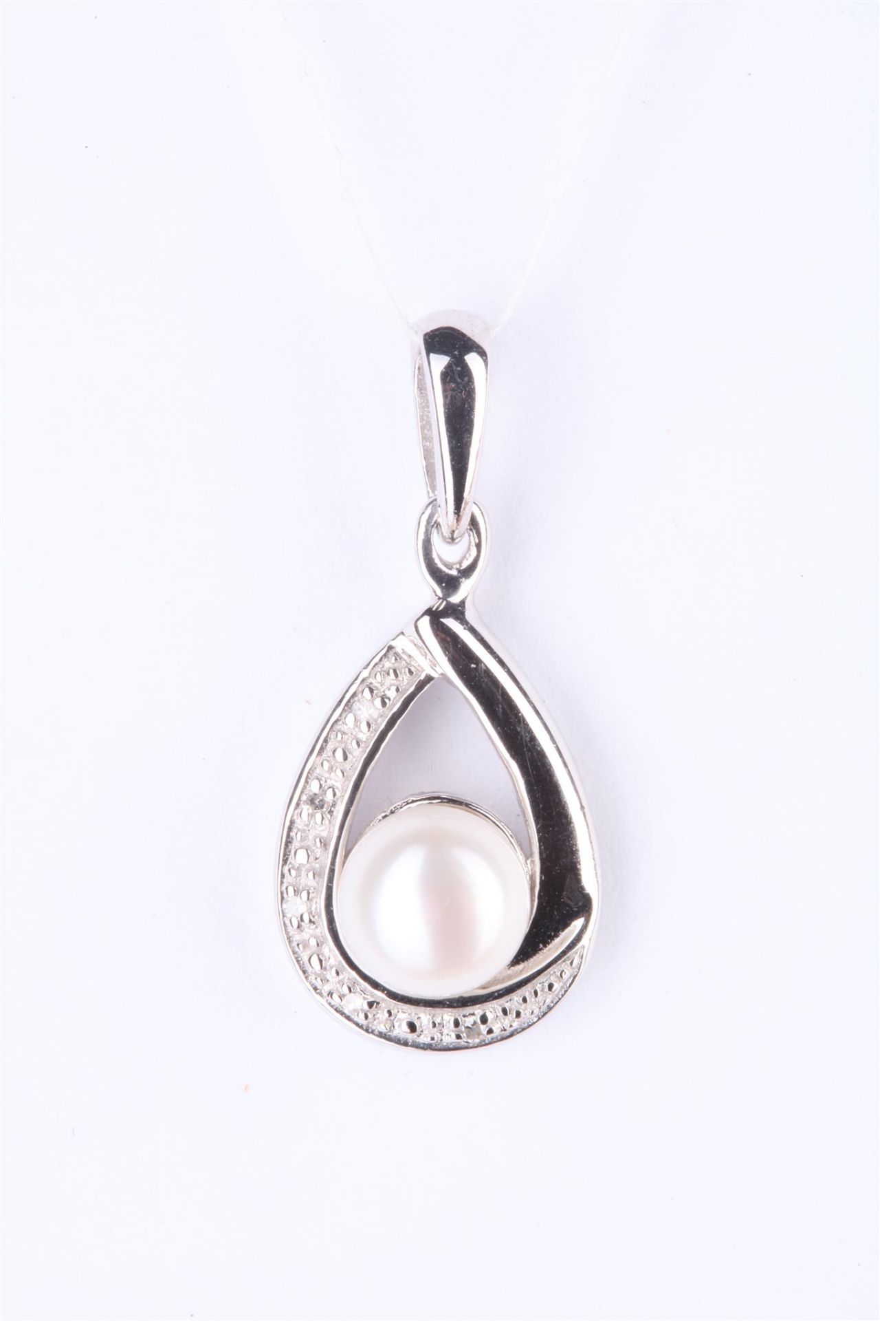 + VAT Ladies Silver Pearl and Diamond Drop Pendant