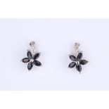 + VAT Pair Ladies Silver Obsidian and Diamond Flower Shape Earrings