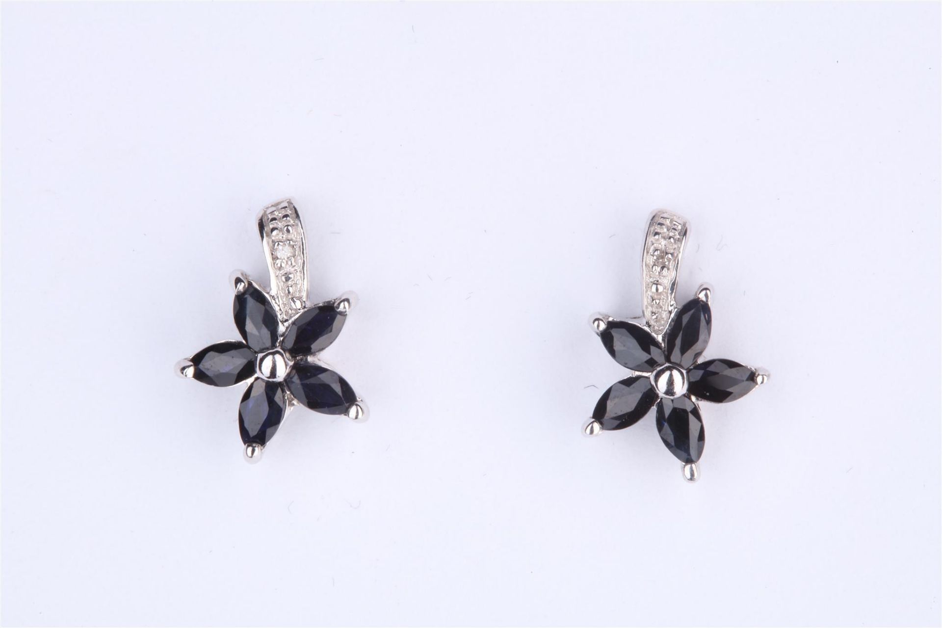 + VAT Pair Ladies Silver Obsidian and Diamond Flower Shape Earrings