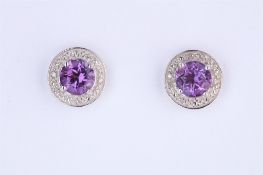 + VAT Pair Ladies Amethyst and Diamond Circular Earrings With Large Central Amethyst