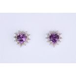 + VAT Pair Ladies Amethyst and Diamond Earrings With Central Heart Shape Amethyst