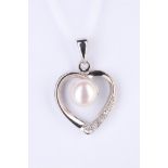 + VAT Ladies Silver Pearl and Diamond Heart Shape Pendant