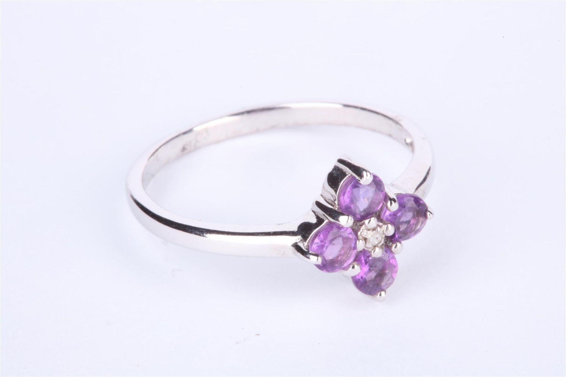 + VAT Ladies Silver Amethyst and Diamond Ring In A Flower Design