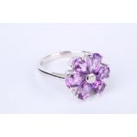 + VAT Ladies Silver Amethyst and Diamond Flower Design Ring