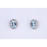 + VAT Pair Ladies Silver Aquamarine and Diamond Earrings With Large Circular Aquamarine