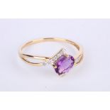 + VAT Ladies Gold Amethyst and Diamond Crossover Style Ring With Central Amethyst