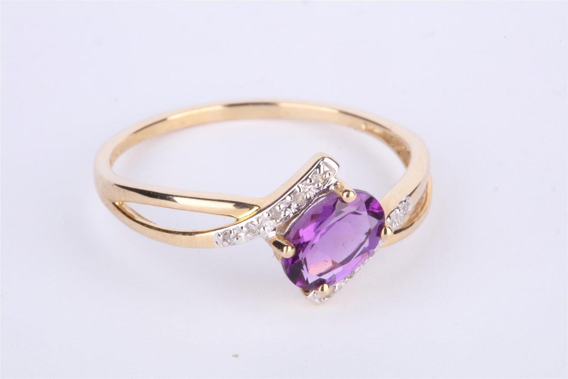 + VAT Ladies Gold Amethyst and Diamond Crossover Style Ring With Central Amethyst