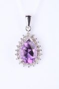 + VAT Ladies Silver Amethyst and Diamond Pear Shape Pendant With Large Central Amethyst