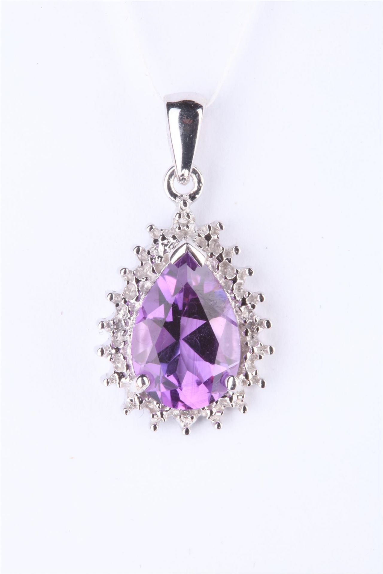+ VAT Ladies Silver Amethyst and Diamond Pear Shape Pendant With Large Central Amethyst