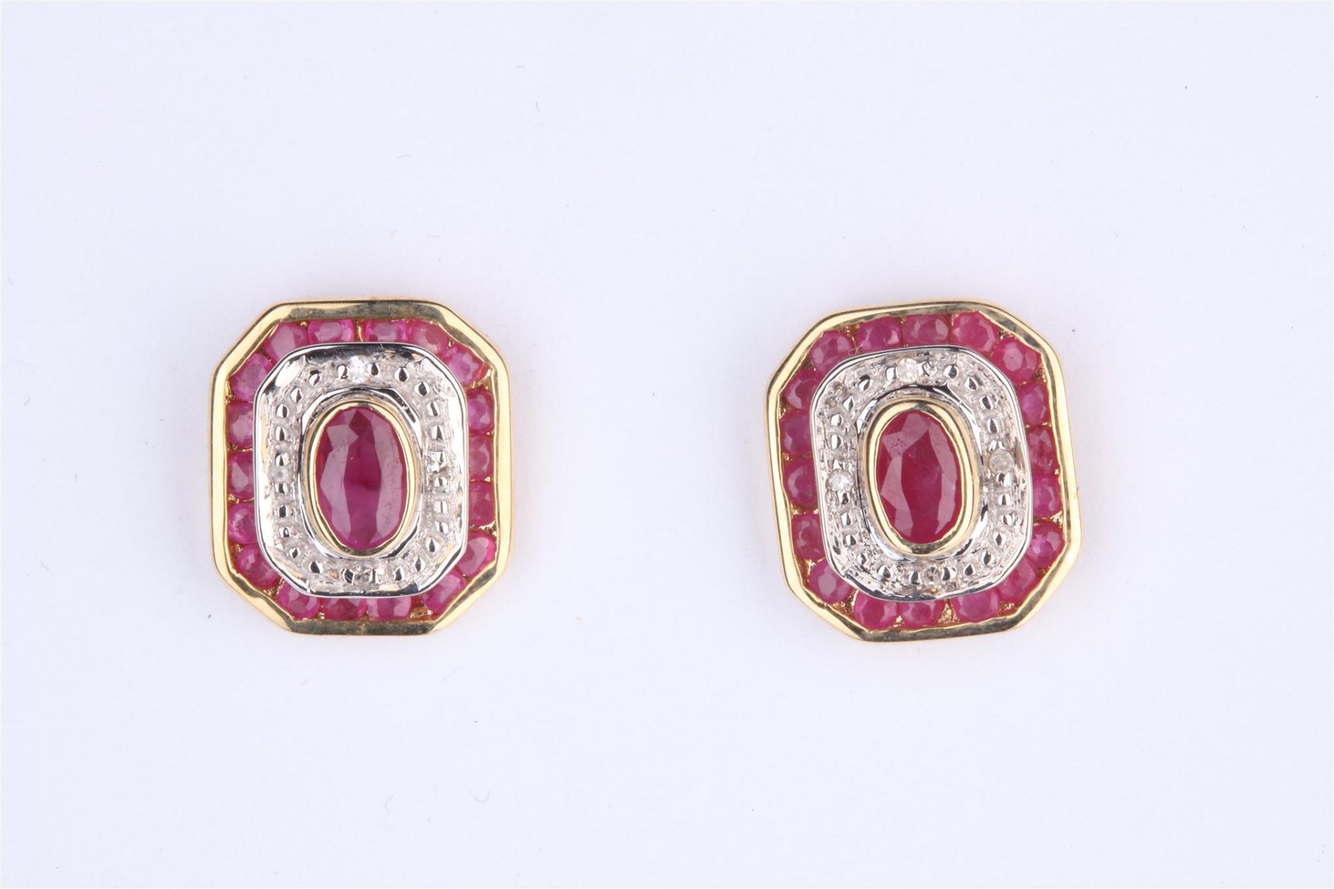 + VAT Pair Ladies Gold Ruby and Diamond Earrings With Large Central Ruby