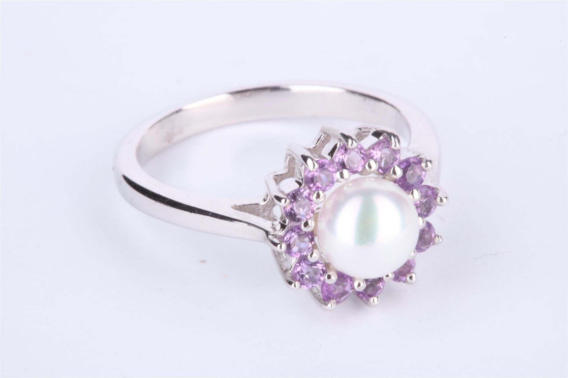 + VAT Ladies Silver Pearl and Amethyst Ring