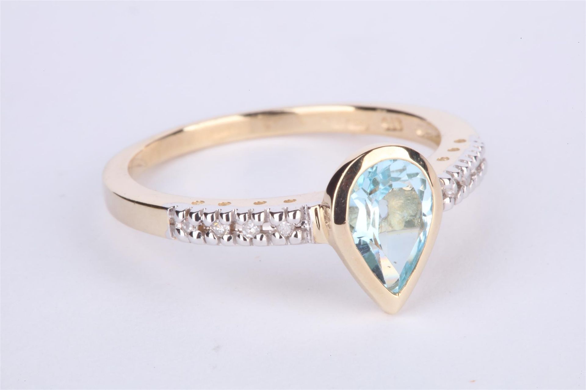 + VAT Ladies Gold Aquamarine and Diamond Ring With Central Tear Drop Aquamarine