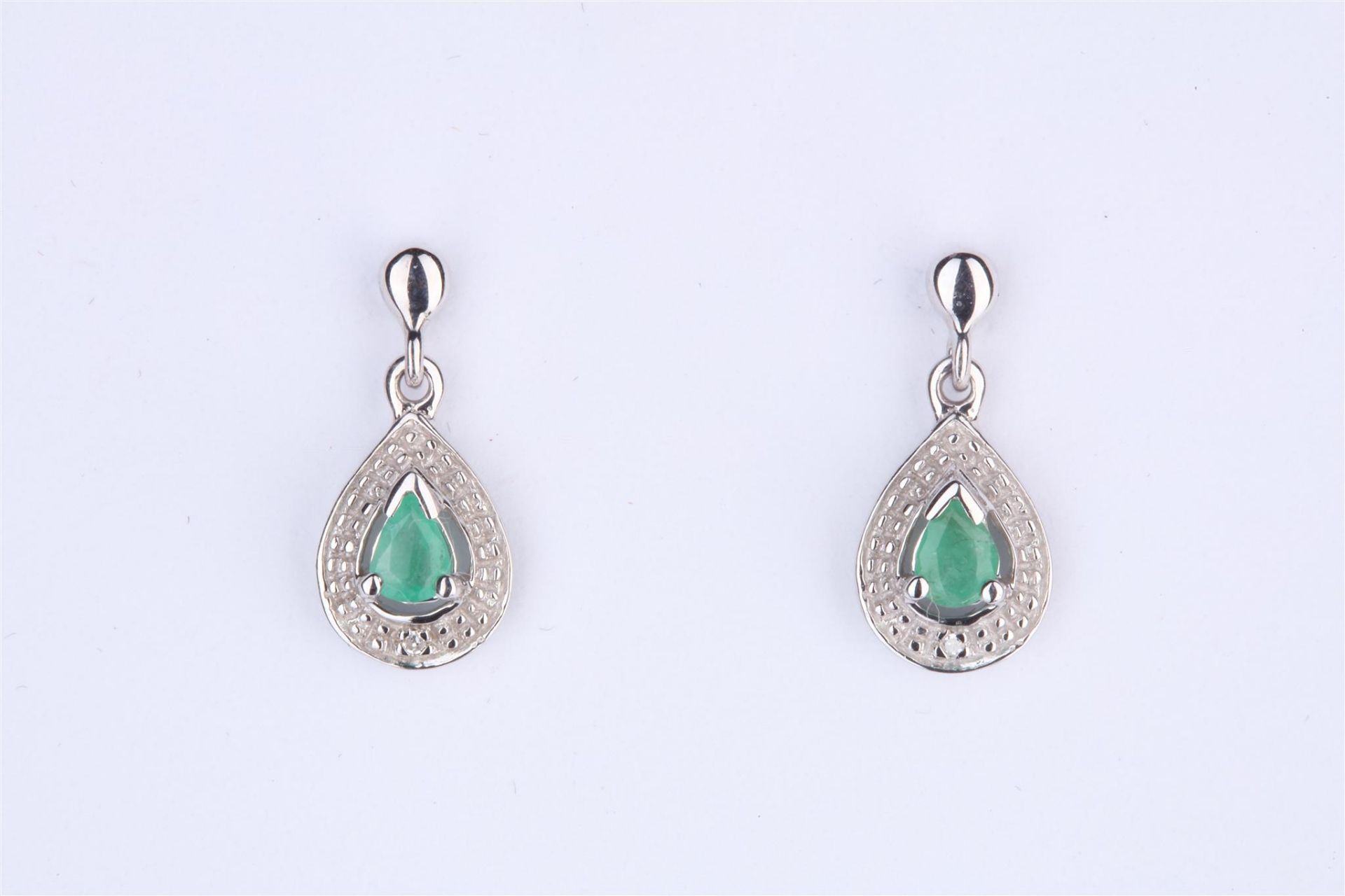 + VAT Pair Ladies Silver Emerald and Diamond Tear Drop Earrings