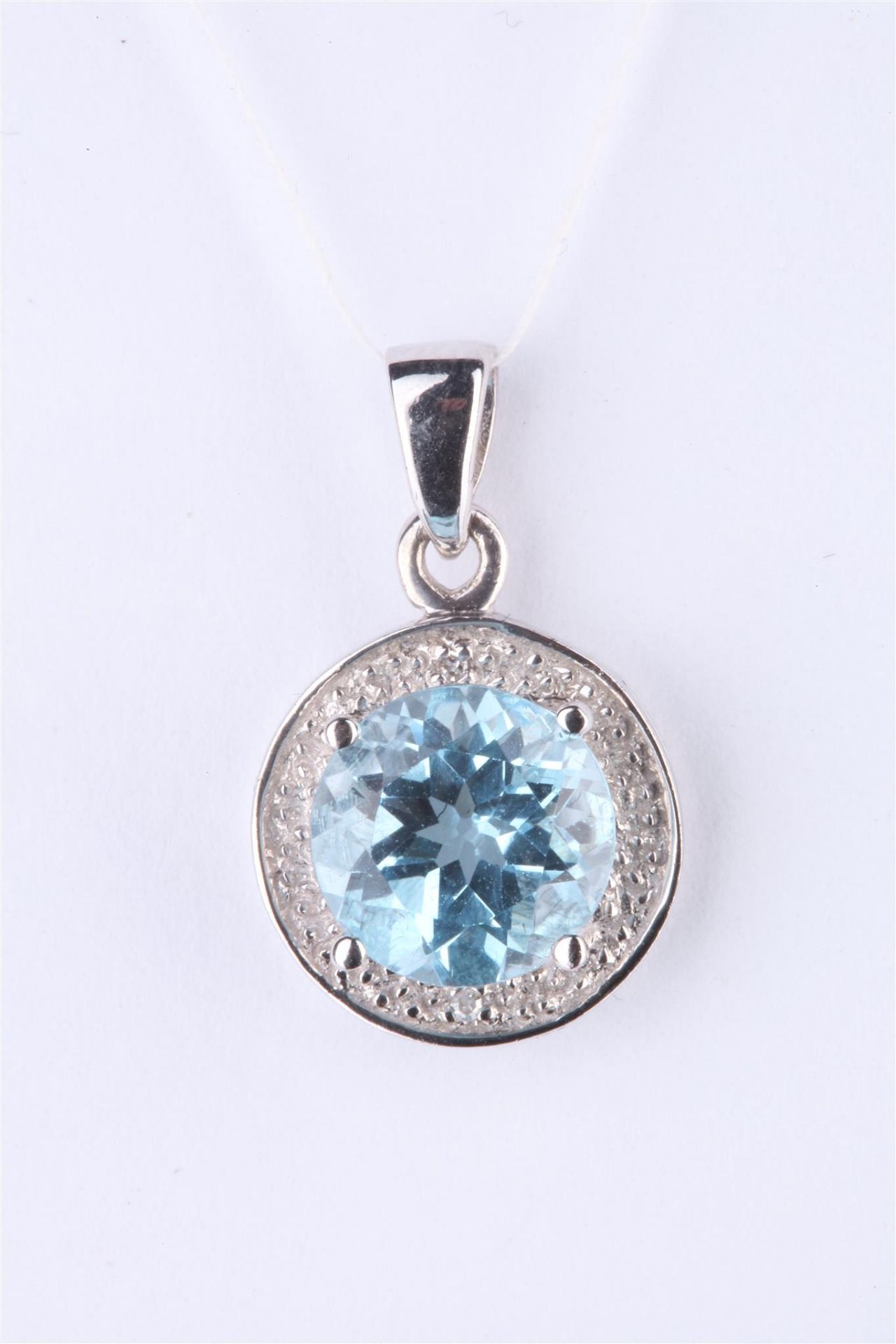 + VAT Ladies Silver Aquamarine and Diamond Circular Pendant With Large Central Aquamarine