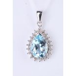 + VAT Ladies Silver Aquamarine and Diamond Pear Shape Pendant