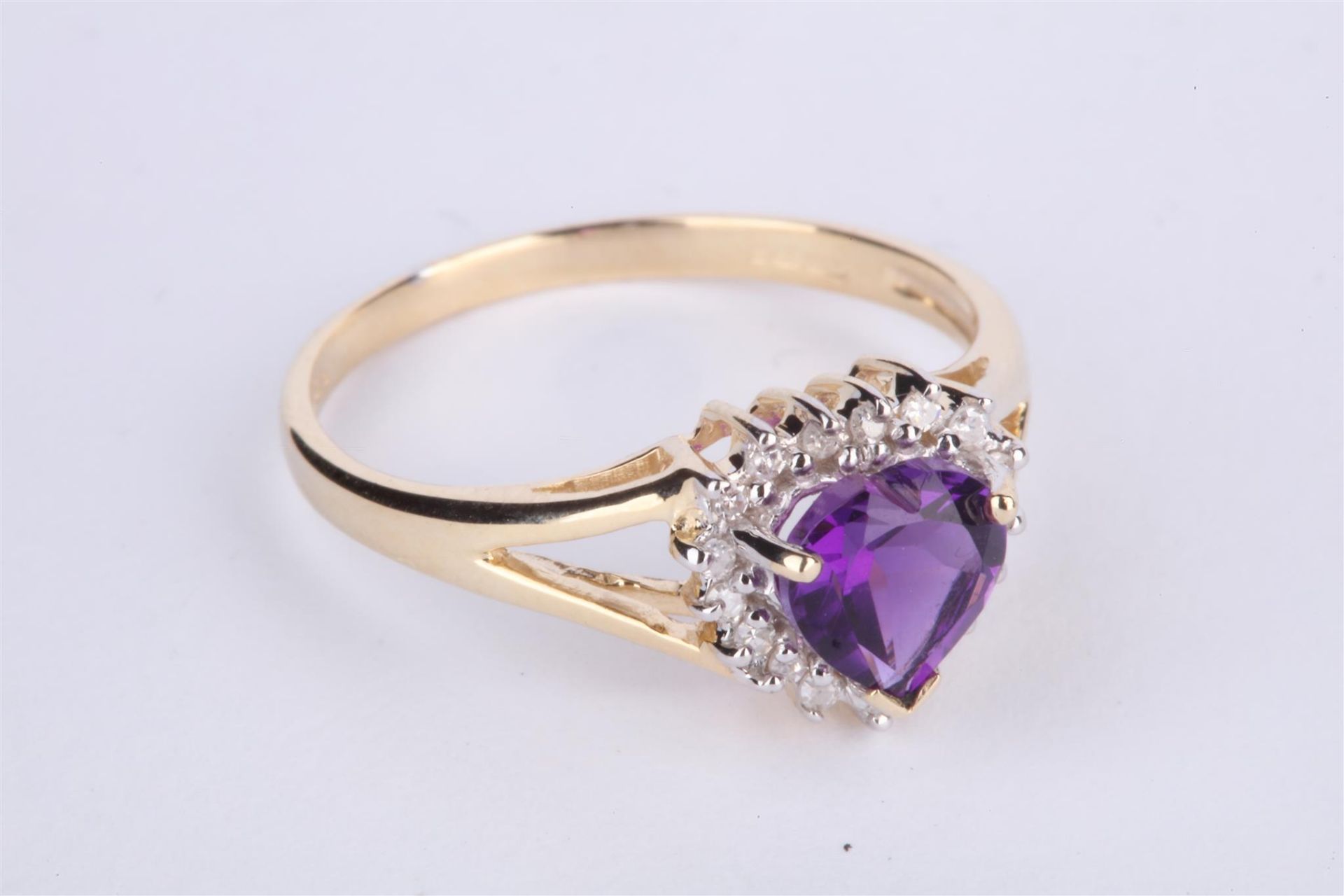 + VAT Ladies Gold Amethyst and Diamond Ring With Central Heart Shape Amethyst