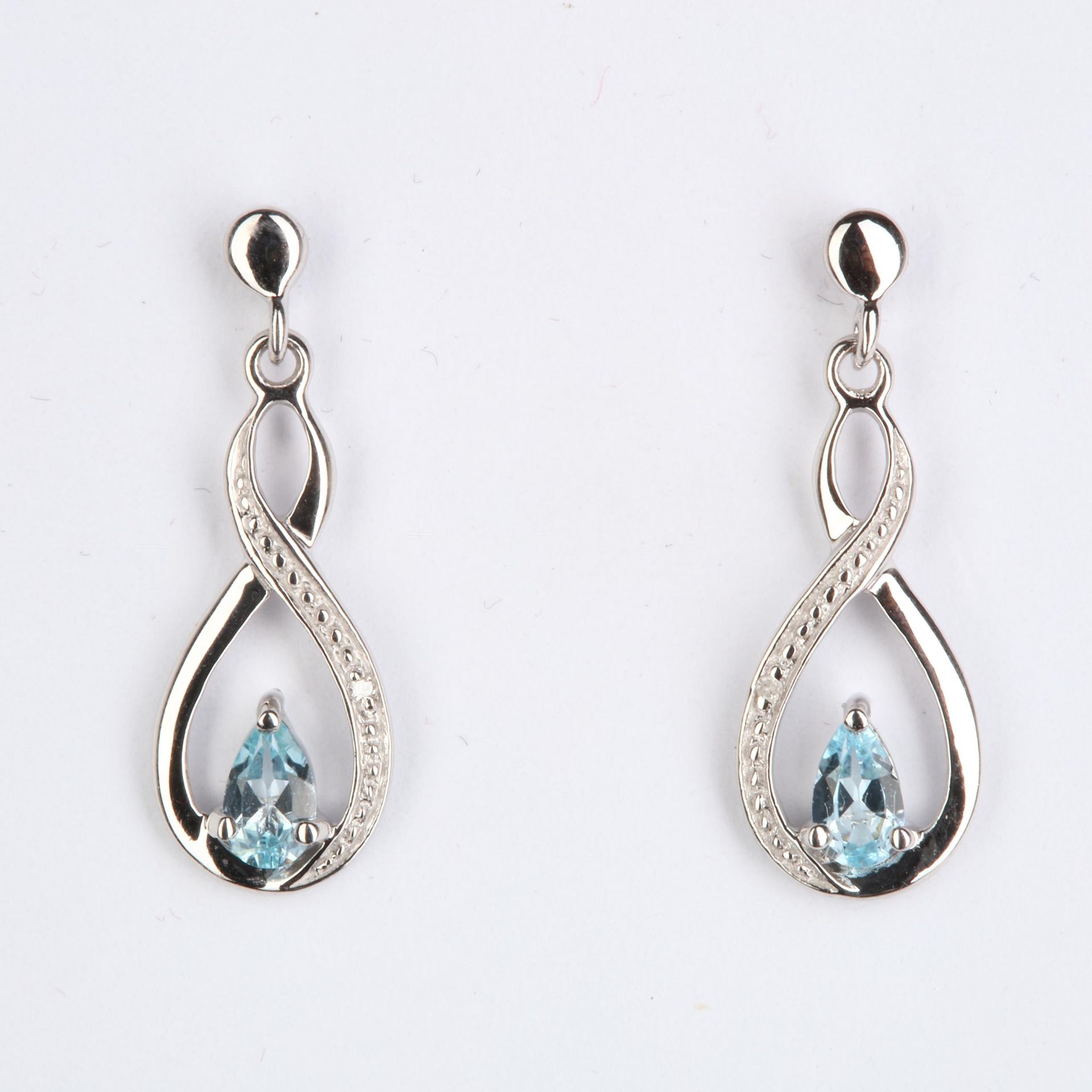 + VAT Pair Ladies Silver Aquamarine and Diamond Drop Earrings