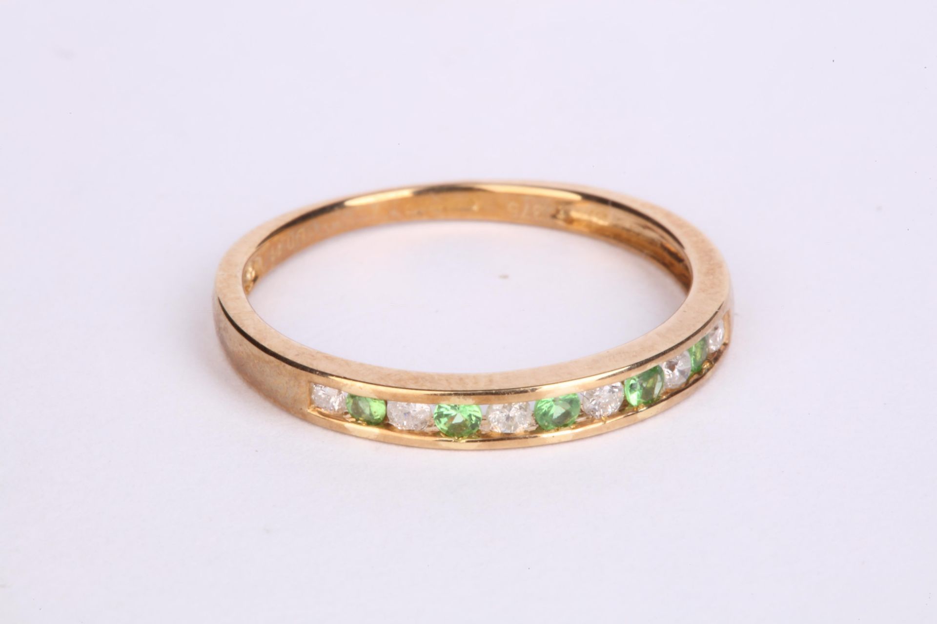 + VAT Ladies 9ct Yellow Gold Emerald and Diamond Eternity Ring Set With 5 Emeralds and 6 Diamonds