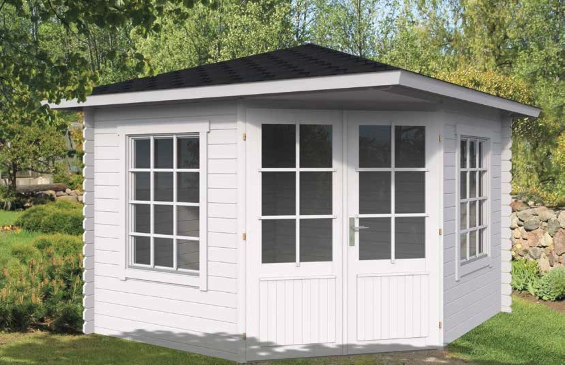 + VAT Brand New 12.2m Sq Spruce Carmen Corner Cabin - 40mm Thickness - 272 x 350 x 350cm - Pallet