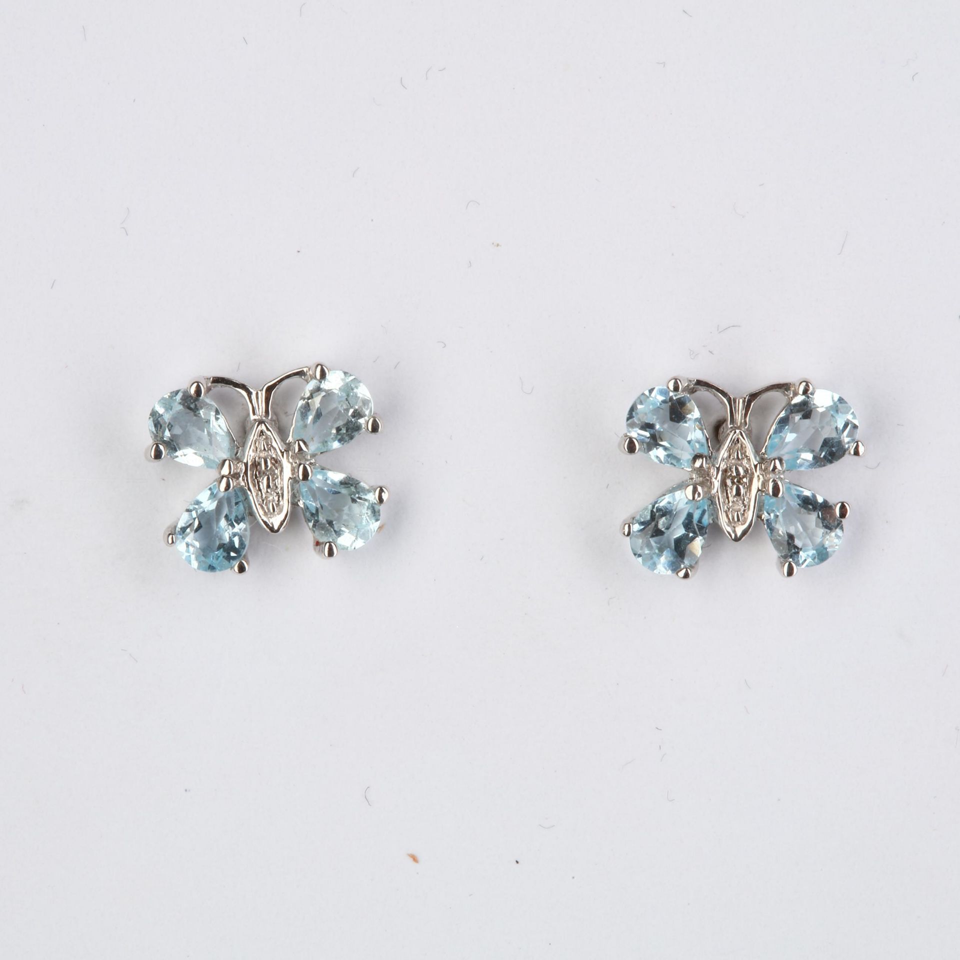 + VAT Pair Ladies Silver Aquamarine and Diamond Butterfly Shape Earrings