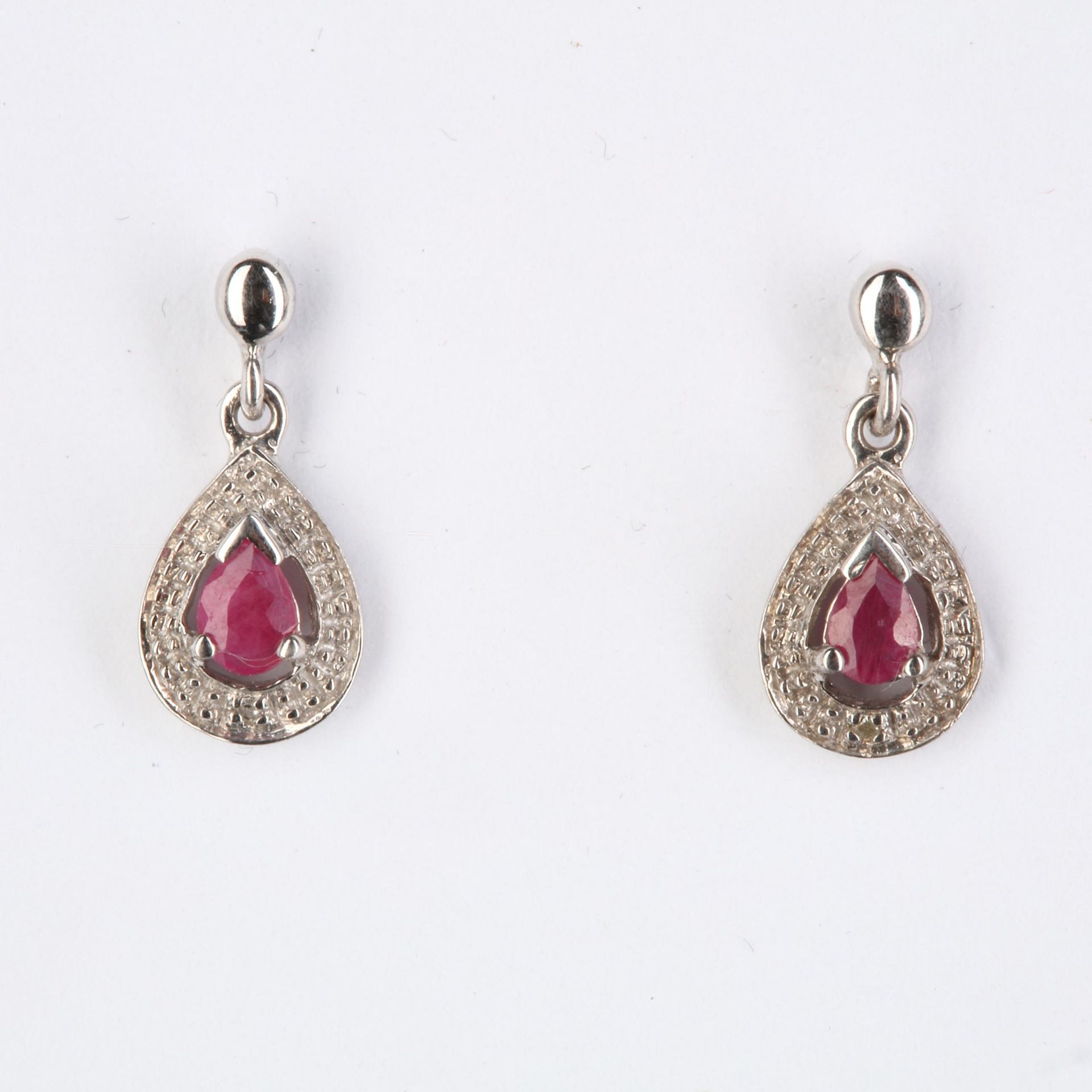 + VAT Pair Ladies Silver Ruby and Diamond Tear Drop Earrings