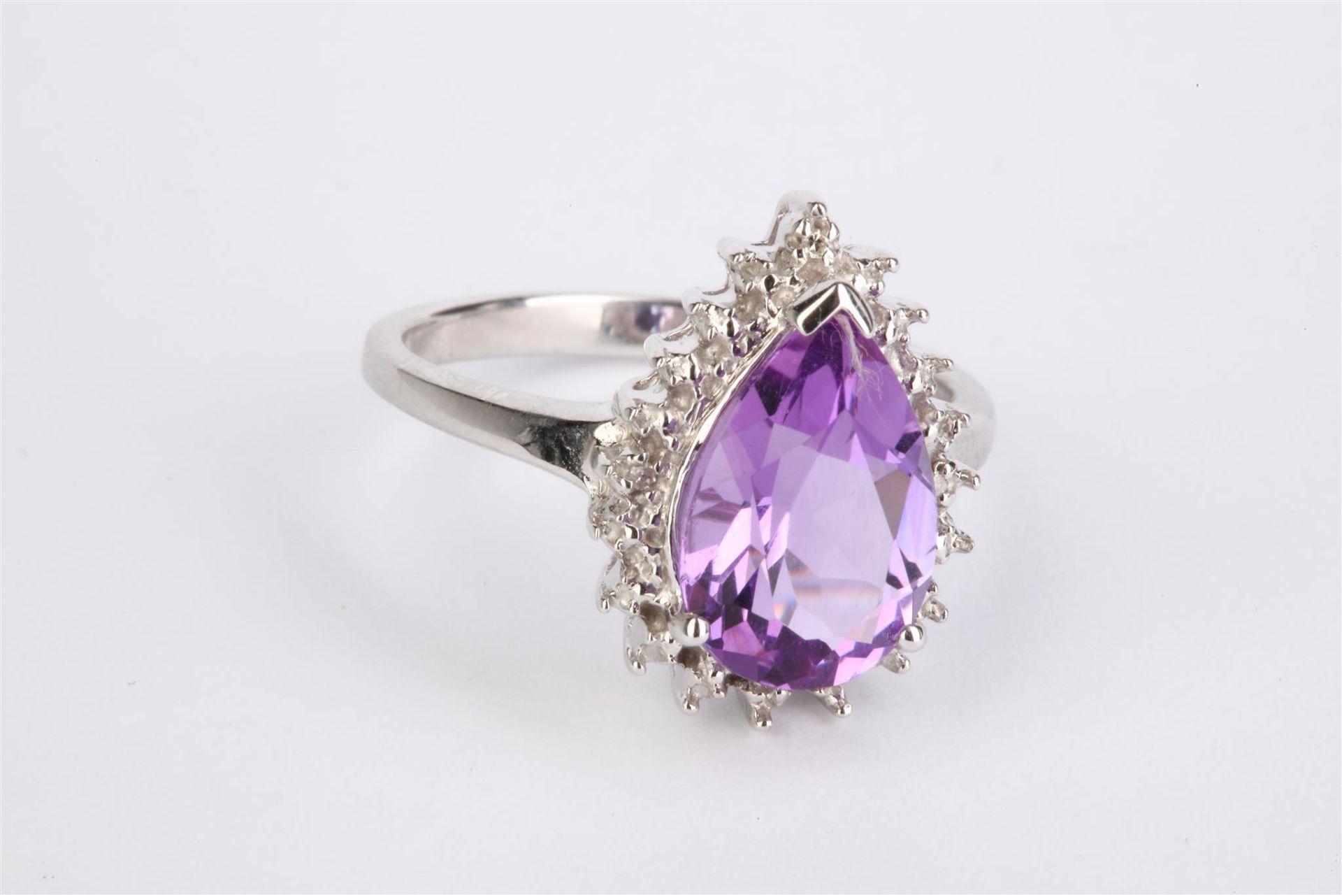 + VAT Ladies Silver Amethyst And Diamond Tear Drop Ring With Large Central Amethyst