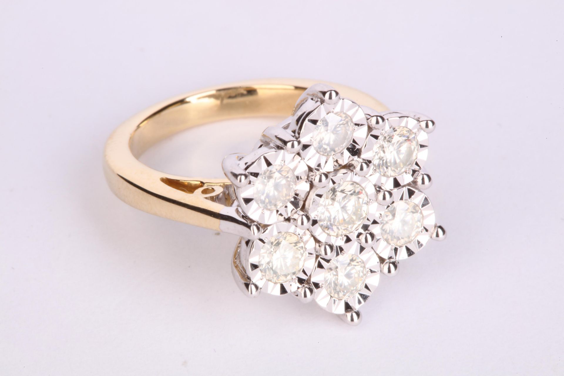 + VAT Ladies 9ct Yellow Gold 1CT Diamond Cluster Ring - Diamonds Set In White Gold