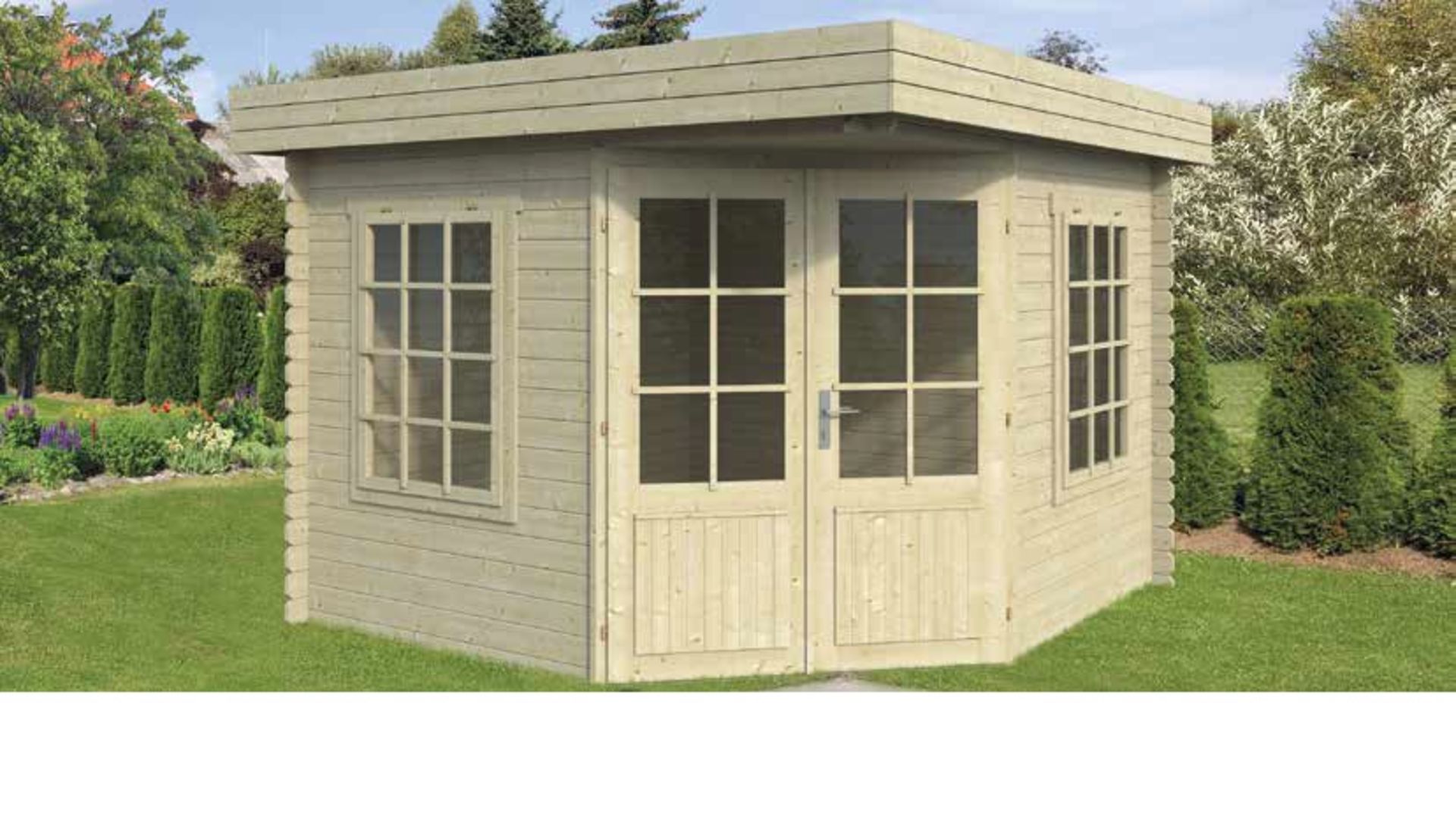 + VAT Brand New 9m Sq Spruce Claire Corner Cabin - 28mm Thickness - 230 x 300 x 300cm - Pallet