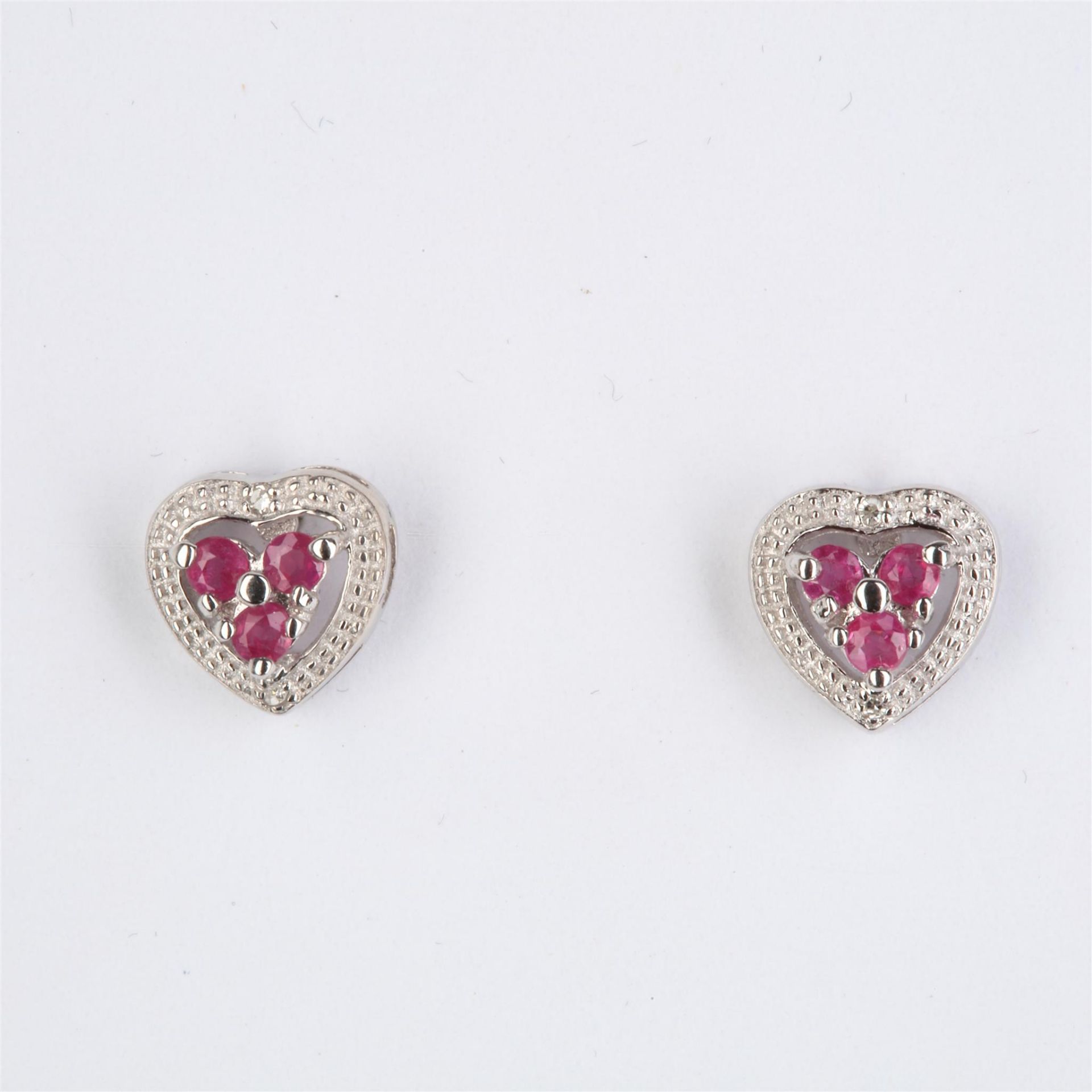 + VAT Pair Ladies Silver Ruby and Diamond Heart Shape Earrings