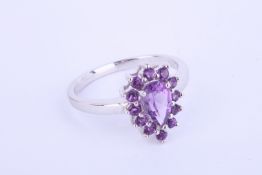 + VAT Ladies Silver Amethyst Tear Drop Shape Ring Set With Large Central Amethyst