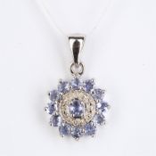 + VAT Ladies Silver Amethyst and Diamond Flower Design Pendant