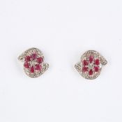 + VAT Pair Ladies Silver Ruby and Diamond Earrings With Swirl Design