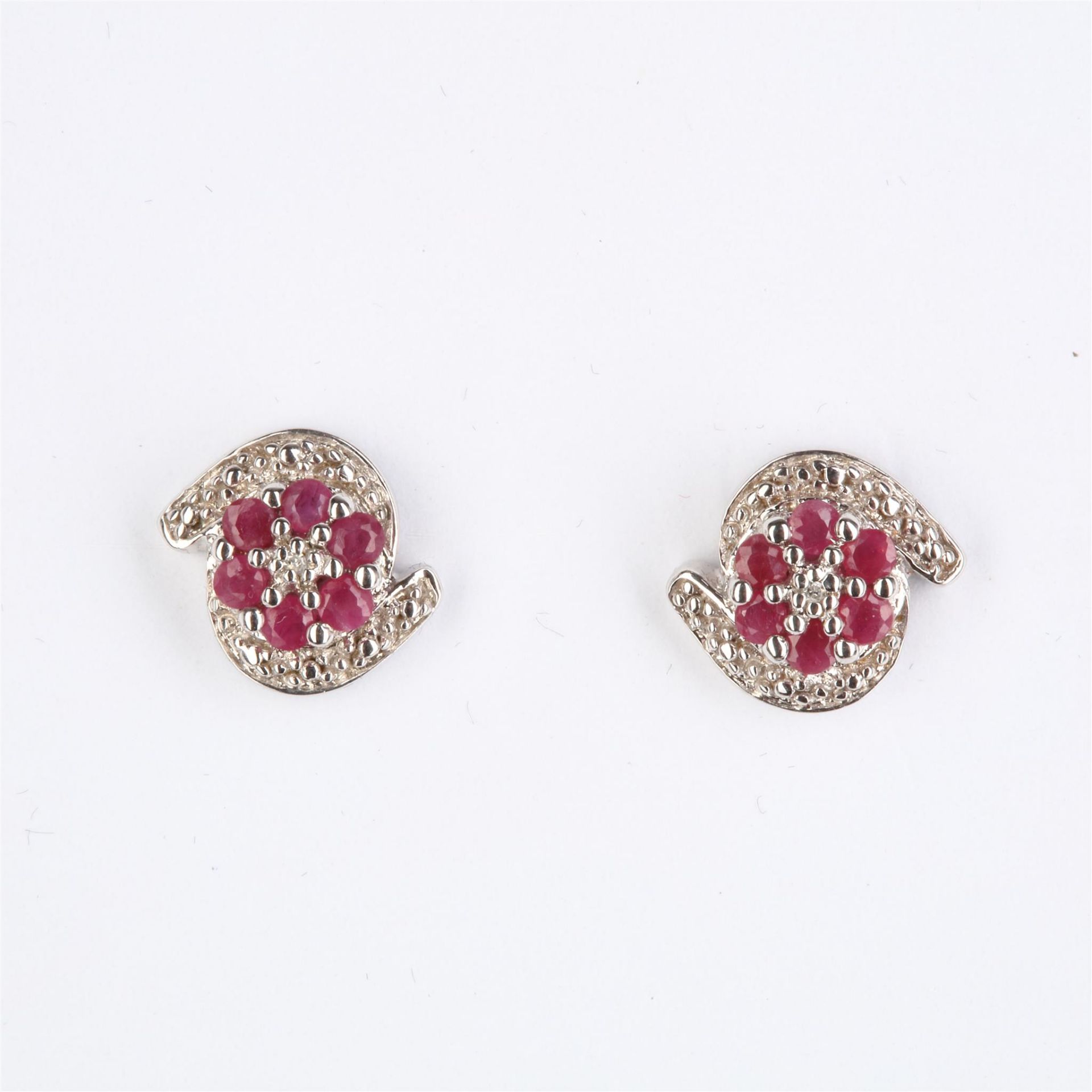 + VAT Pair Ladies Silver Ruby and Diamond Earrings With Swirl Design