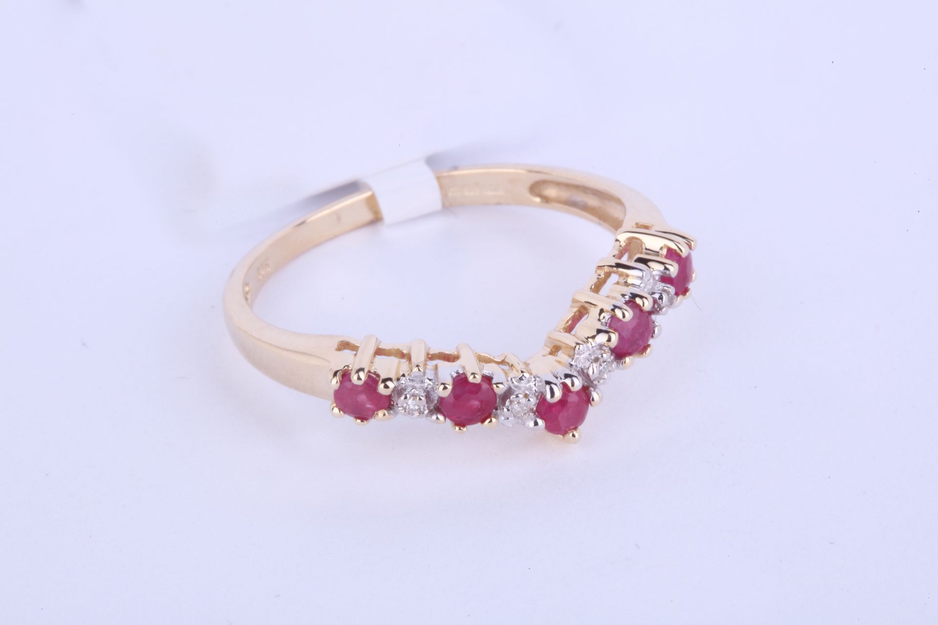 + VAT Ladies 9ct Yellow Gold Ruby and Diamond Wishbone Ring Set With 5 Rubies and 4 Diamonds