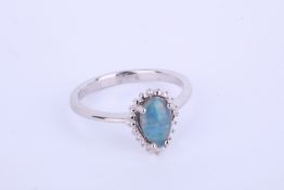 + VAT Ladies Silver Blue/Green Opal And Diamond Ring In Tear Drop Design