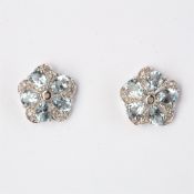 + VAT Pair Ladies Silver Aquamarine and Diamond Earrings in Flower Design