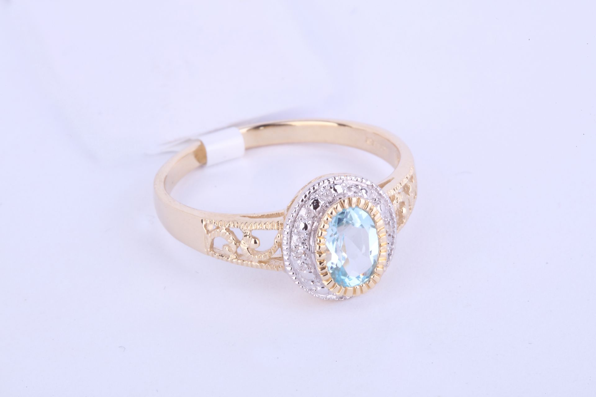 + VAT Ladies 9ct Yellow Gold Aquamarine and Diamond Ring - Elaborate Shoulder Design - Central