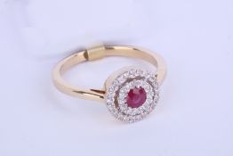 + VAT Ladies 9ct Yellow Gold Ruby and Diamond Ring - Circular Central Ruby 0.14ct Surrounded By 0.