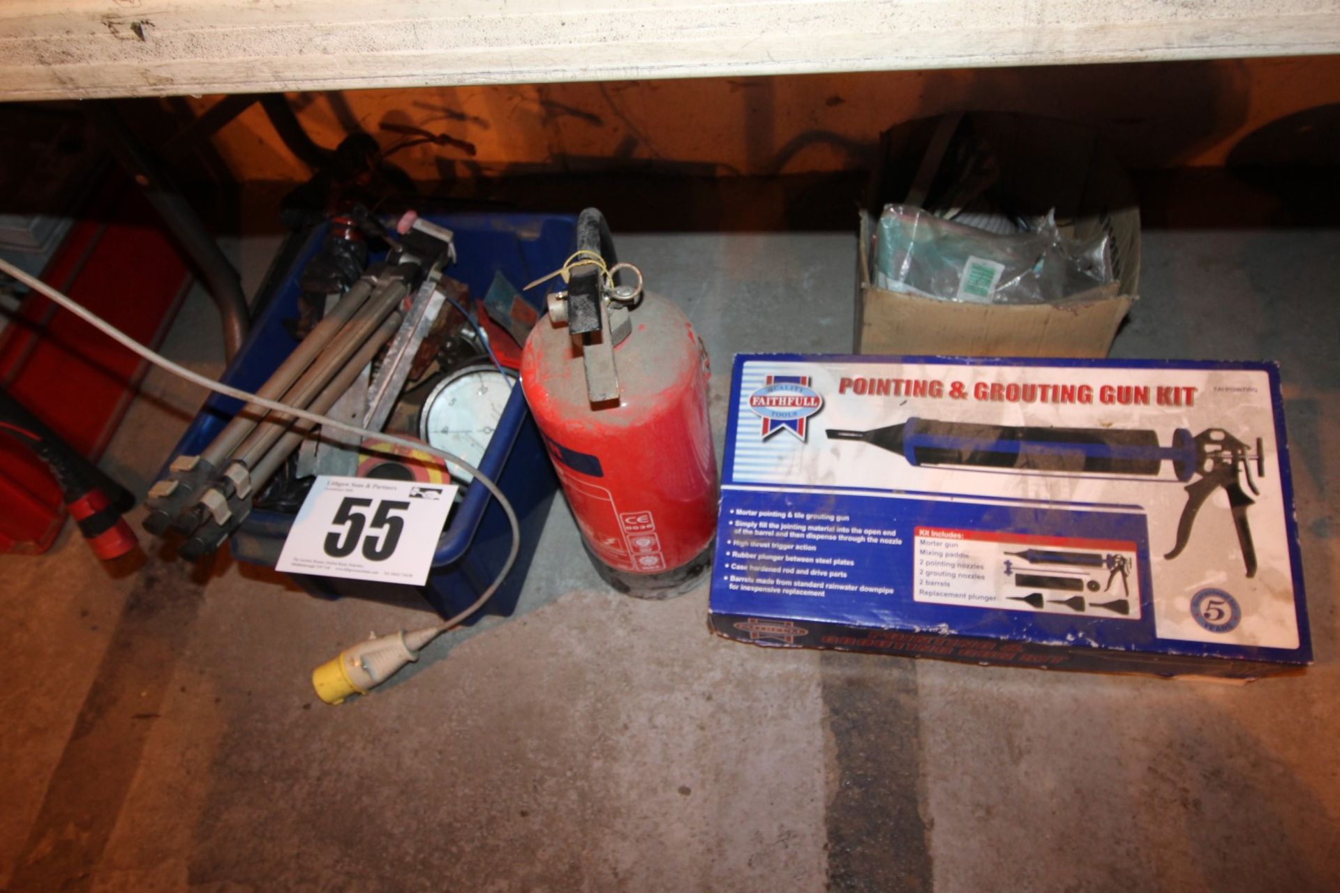 BLUE BOX AND CONTENTS MISC. INC. TRIPOD AND PRESSURE GAUGE, BOX ELEC. CABLE AND FIRE EXTINGUISHER