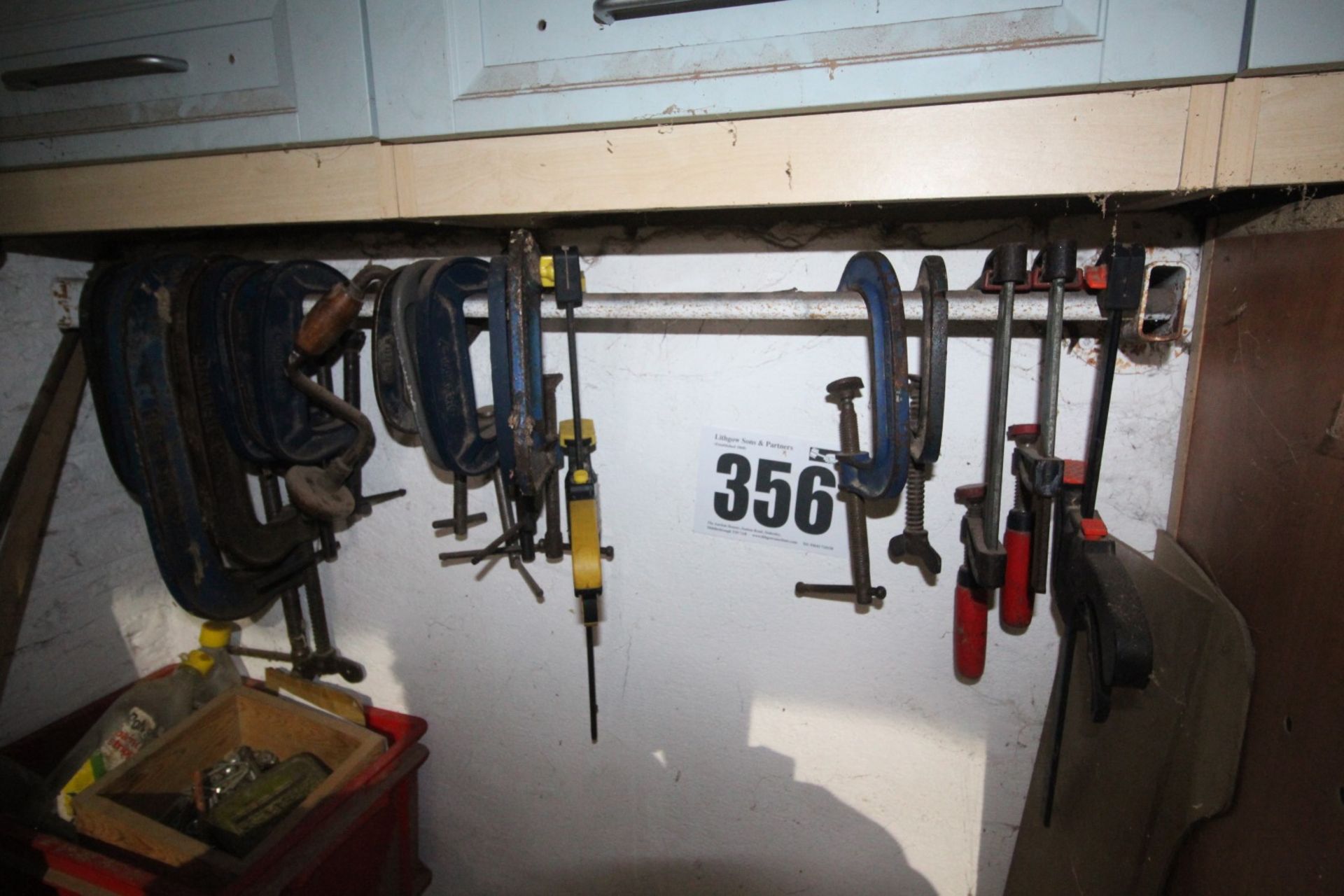 QUANTITY ON WALL OF VARIOUS SIZE G-CLAMPS - APPROX. 25