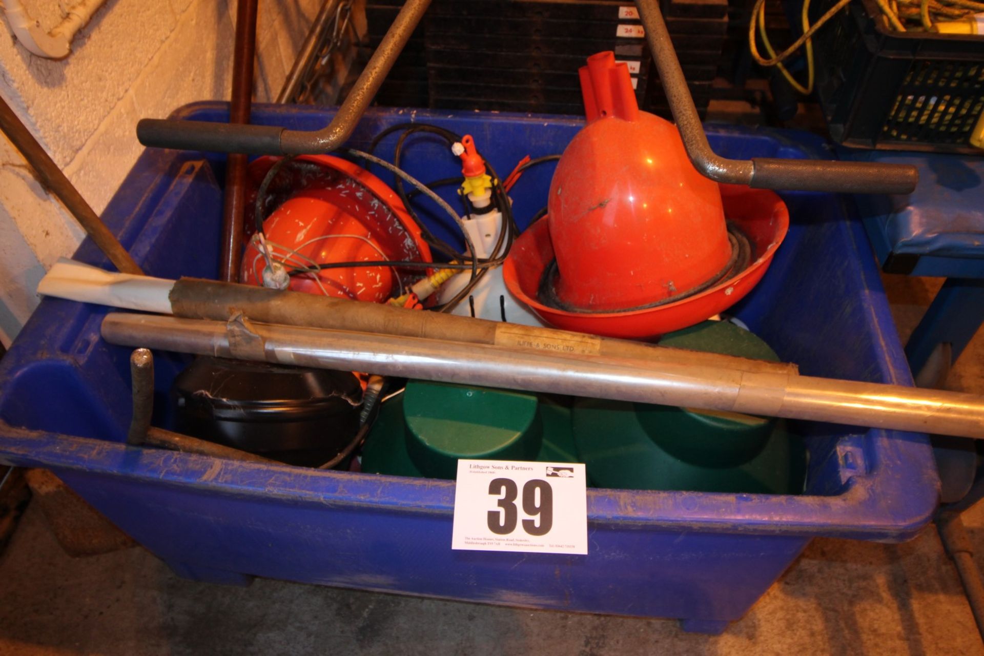 BLUE PLASTIC WATER TANK AND CONTENTS OF POULTRY FEEDERS