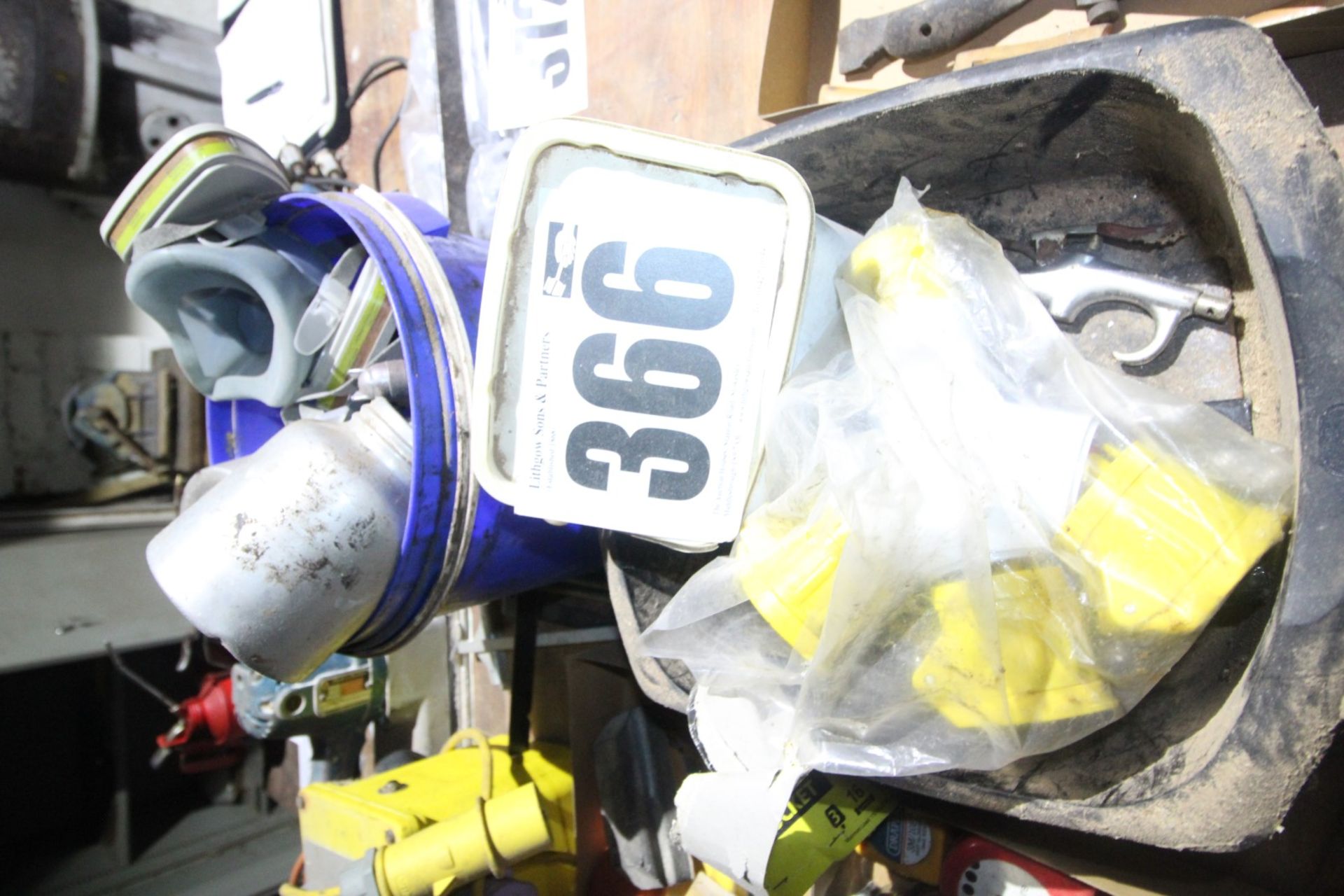 BLACK TUB AND CONTENTS INCLUDING OIL CAN, 110V SPLITTER, AND BLUE BUCKET AND CONTENTS OF SPRAY