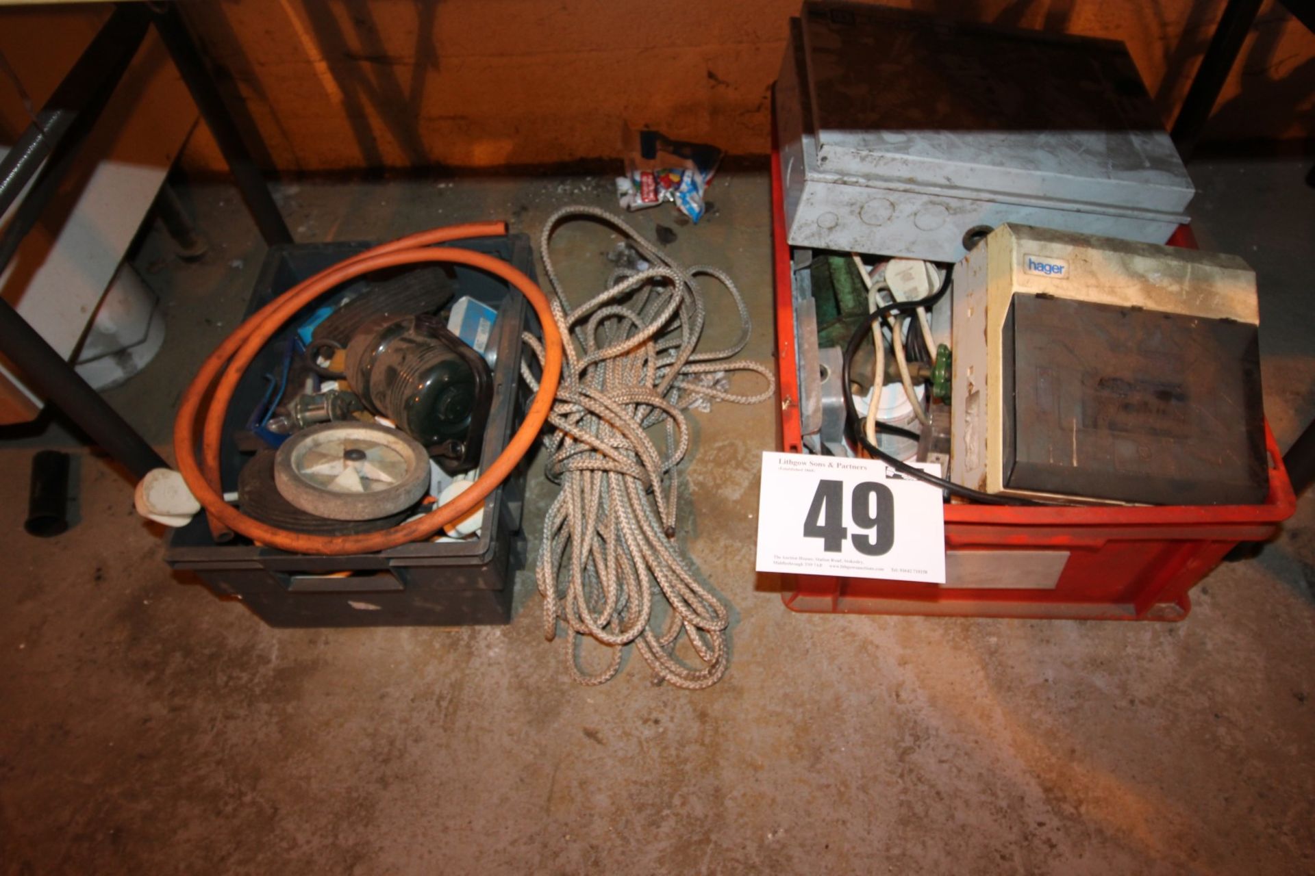 2 BOXES UNDER TABLE ELEC. FITTINGS, PIPE FITTINGS AND SASH CORD ETC.