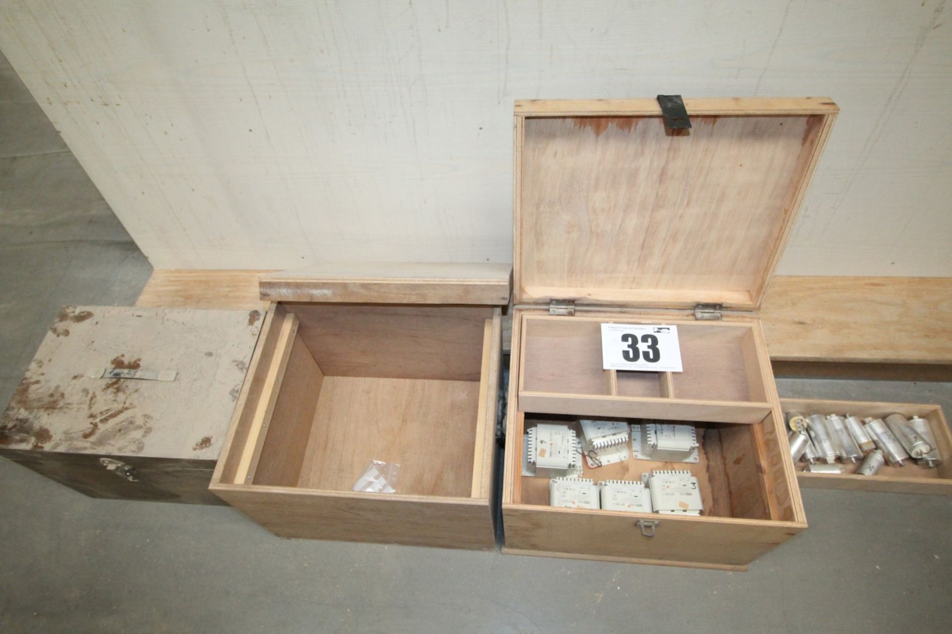 3 WOODEN LIFT LID CHESTS MEASURING APPROX. 20INCH WIDTH COMPLETE WITH CONTENTS ELECTRICAL FITTINGS