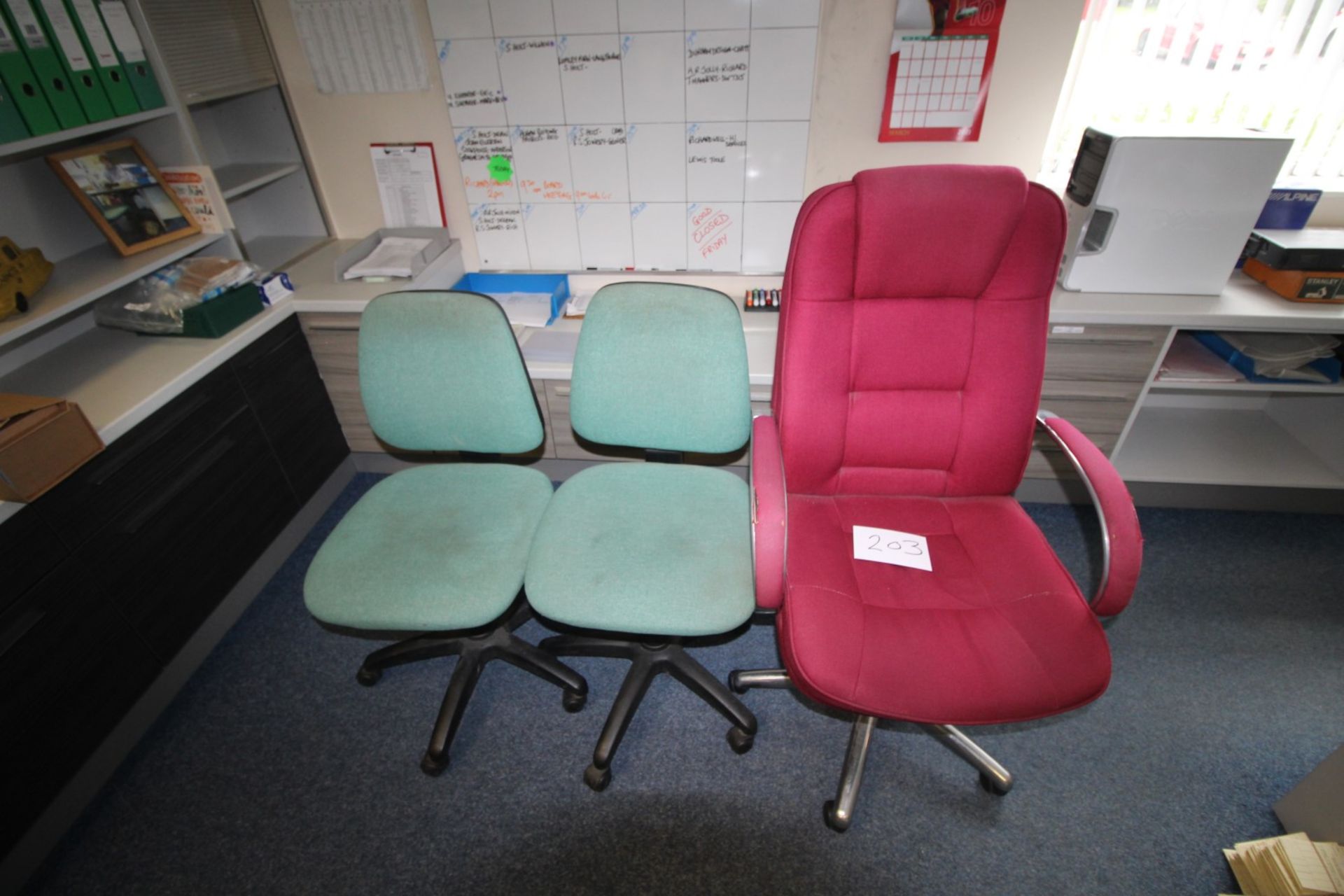 7 SWIVEL CHAIRS INC. 2 BLACK HIGHBACK, 3 GREEN TYPISTS, 1 BLUE HIGHBACK & 1 RED HIGHBACK