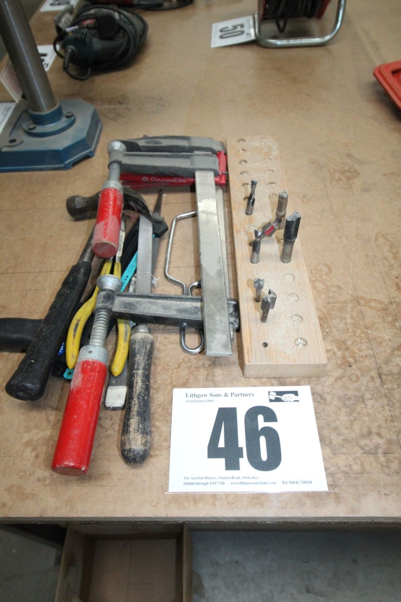 1 PAIR OF 12INCH SCREW CLAMPS & MISC. HAND TOOLS INC. CLAW HAMMER, 2 FILES, PLIERS, 7 ROUTER