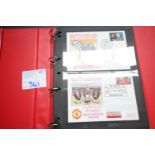 RED RING BINDER AND CONTENTS OF FIRST DAY COVER POSTCARDS DERBY COUNTY V. MANCHESTER UNITED, AND