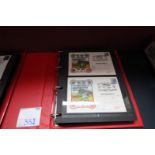 RED RING BINDER AND CONTENTS OF FIRST DAY COVER POSTCARDS MANCHESTER CITY