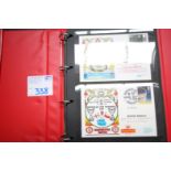 RED RING BINDER AND CONTENTS OF FIRST DAY COVER POSTCARDS MANCHESTER UNITED V. SHEFFIELD WEDNESDAY