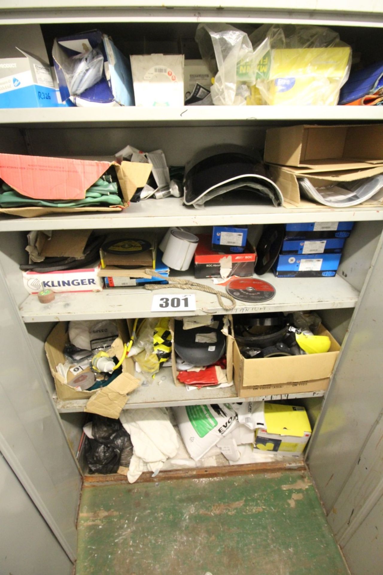 6FT TALL DOUBLE DOORED CUPBOARD & CONTENTS OF PPE INC. FACE SCREENS, GLOVES, SS GRINDING DISCS,